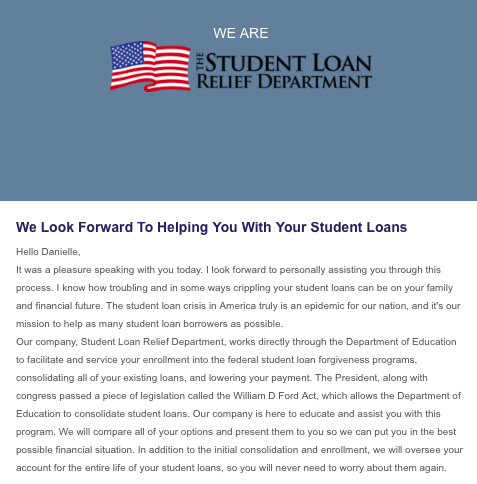 Screenshot of an email from the Student Debt Relief Department. 