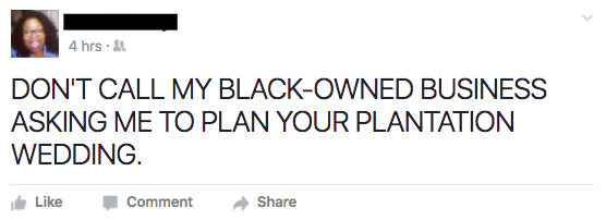 Jordan A. Maney's post about a plantation wedding phone call. 