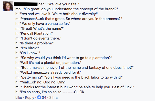 Jordan A. Maney's Facebook post about  plantation wedding phone call. 