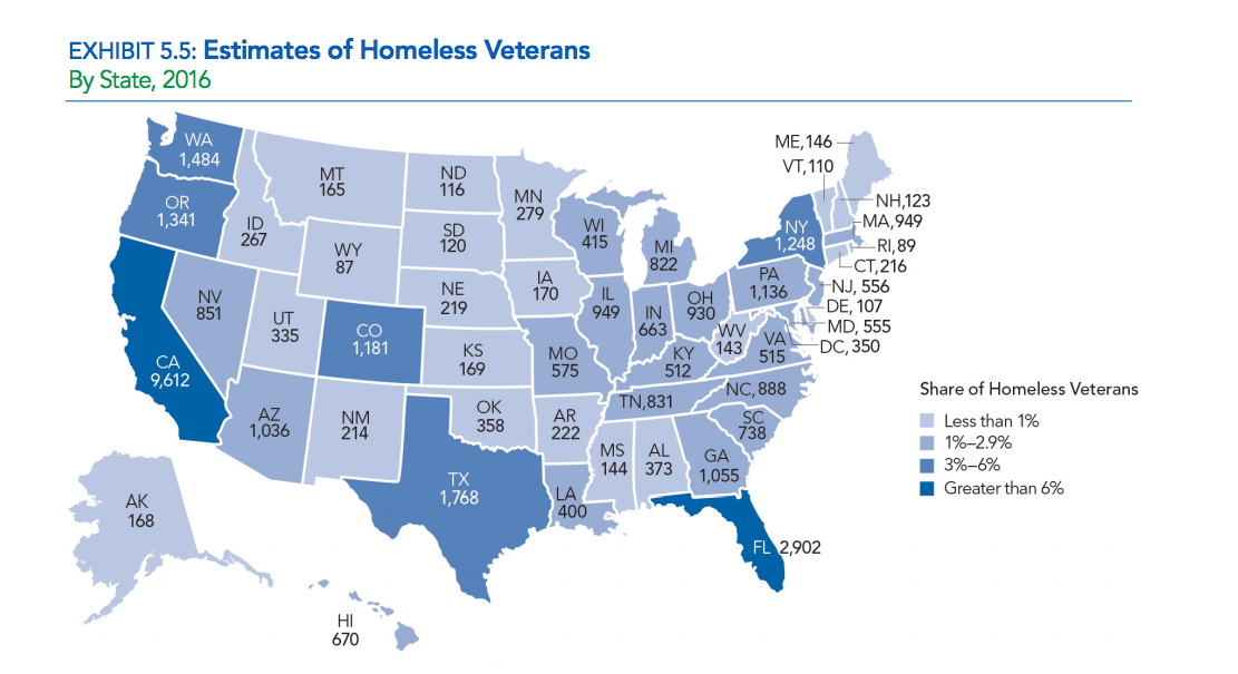 A map of homeless veterans in each state. 