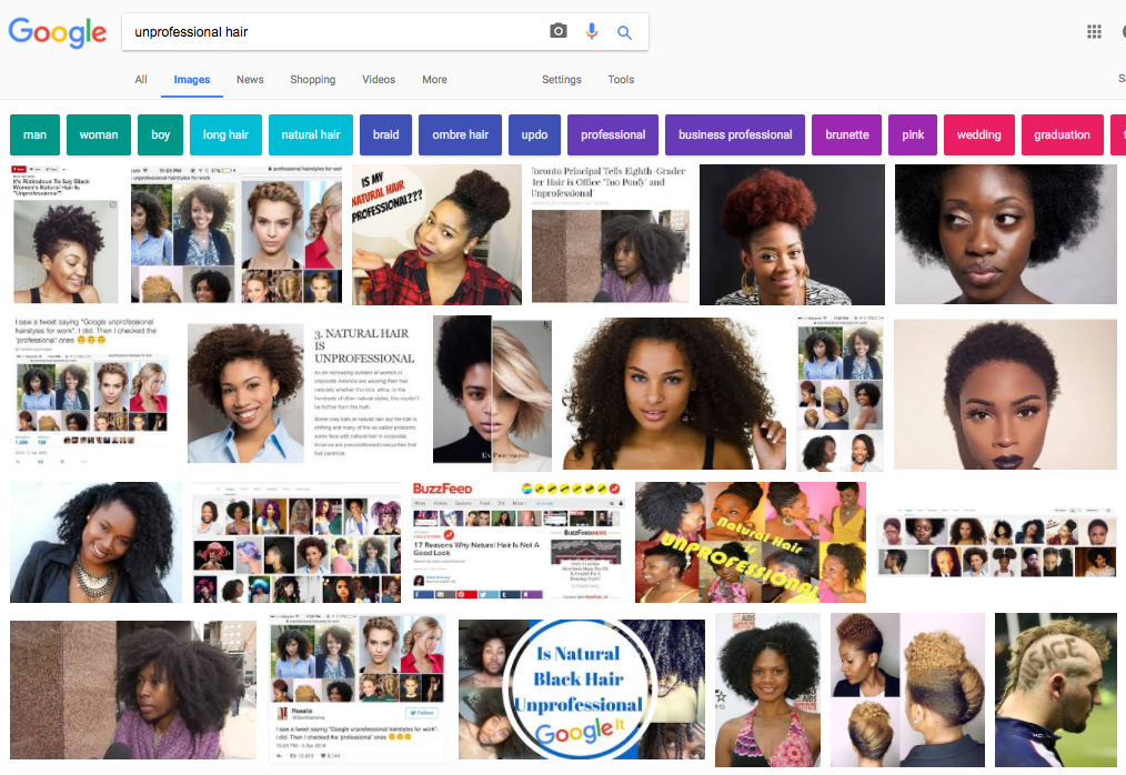 Google Image Search of "unprofessional hair" on April 3, 2017.