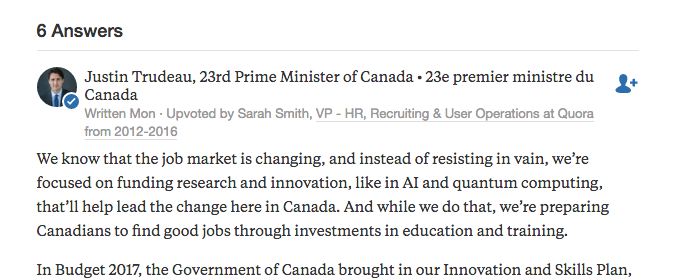 Prime Minister Justin Trudeau's response on Quora. 