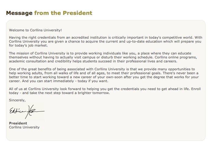 Corllins University message from the president. 