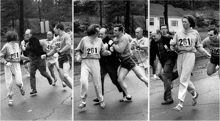 Trio of photos during the 1967 Boston Marathon showing altercation with Kathrine Switzer
