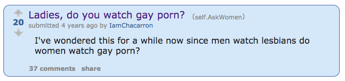 A Reddit thread about women waking gay male porn. 