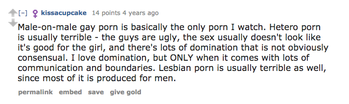 Comment about gay male porn. 