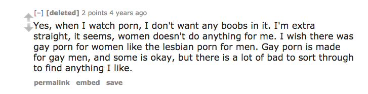 A comment on Reddit about gay male porn. 