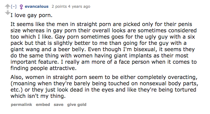 Comments on Reddit about gay male porn. 