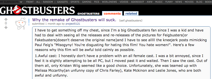 Male commenting on Ghostbusters remake female cast