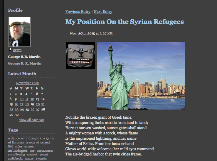 George R.R. Martin Livejournal on refugees