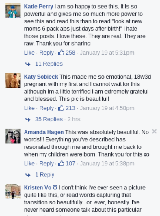 Erica Andrews postpartum selfie comments