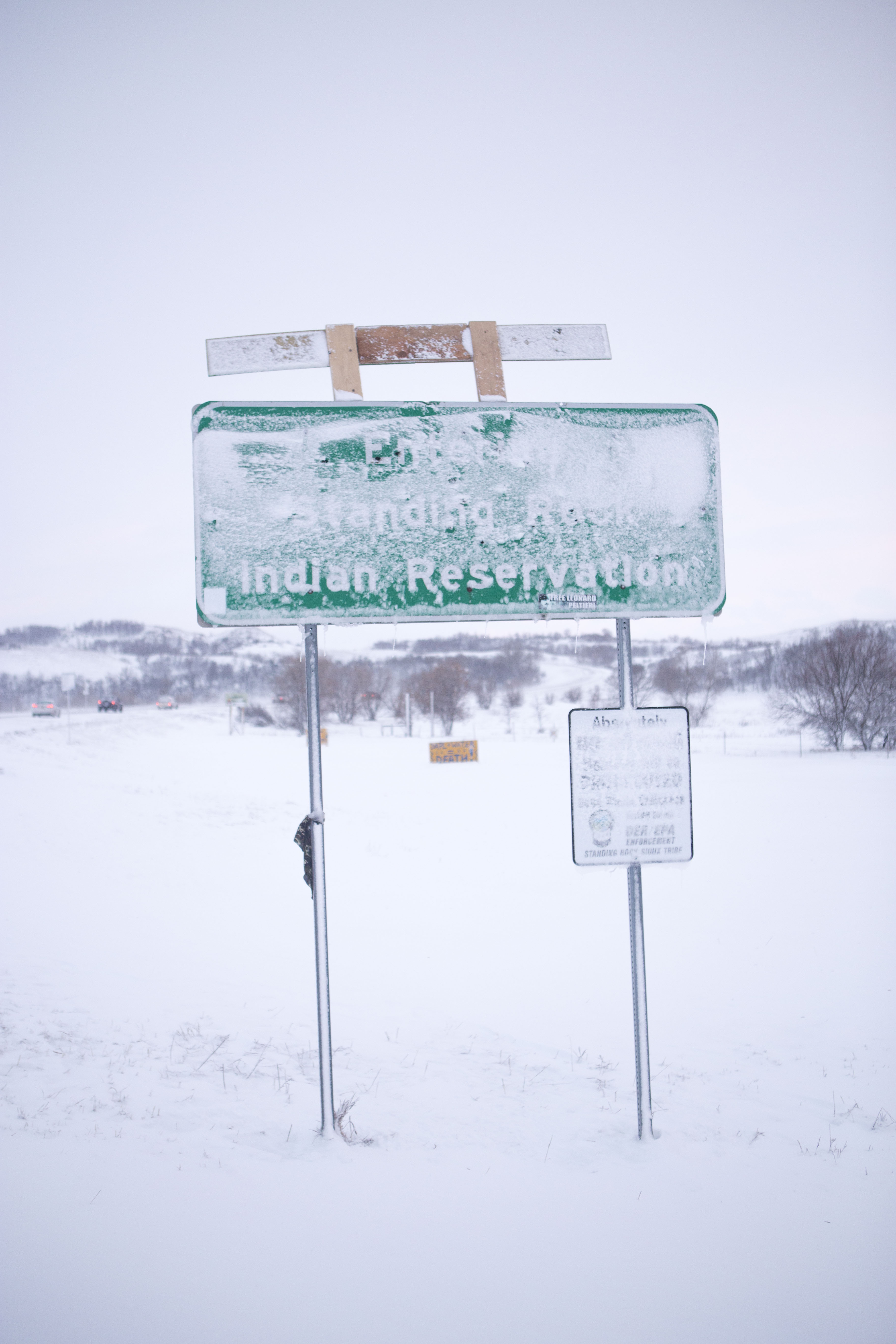 A sign near the Standing Rock camps after a storm. 