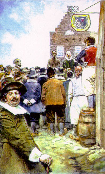 "The first slave auction in New Amsterdam in 1655. By Howard Pyle 1917."