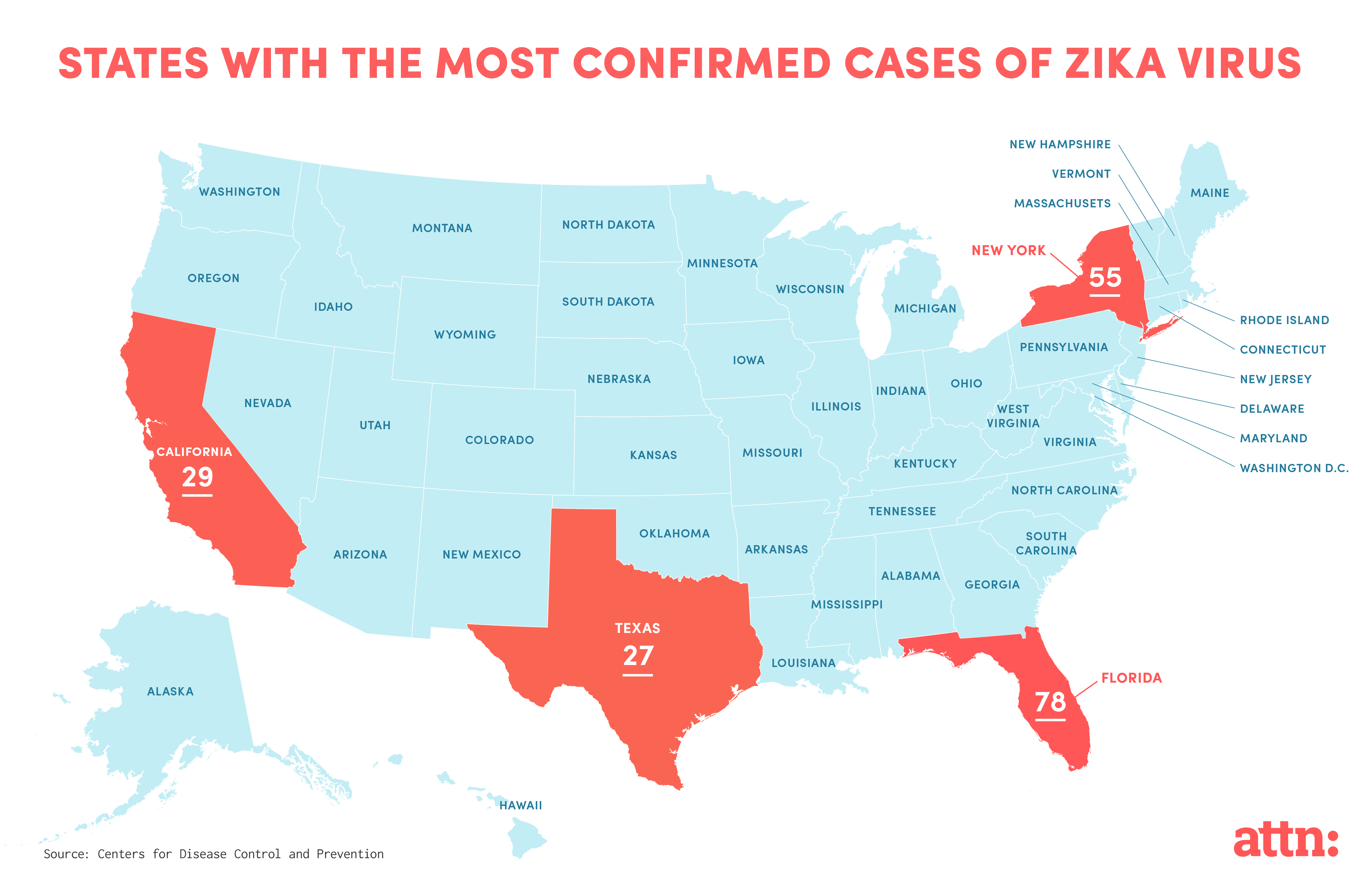 Zika Map showing top four states