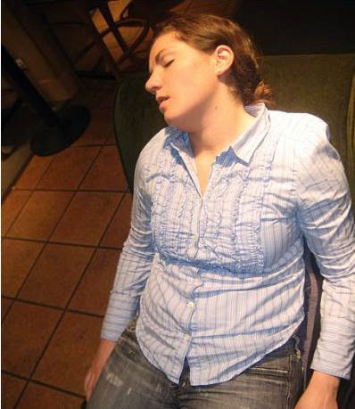 Julie Flygare asleep in a Starbucks. 