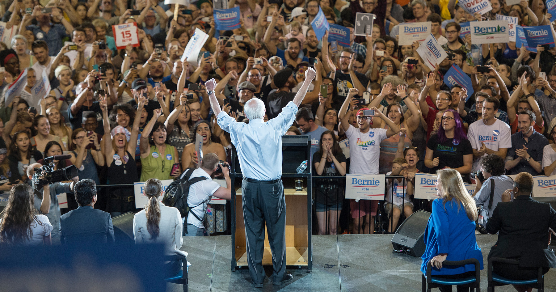 Bernie Sanders in front of a big crowd in Portland