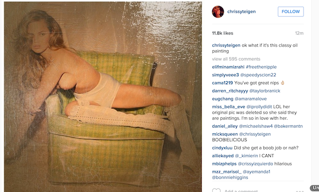 Chrissy Teigen's oil painting attempt to post a photo to Instagram with her nipple showing. 