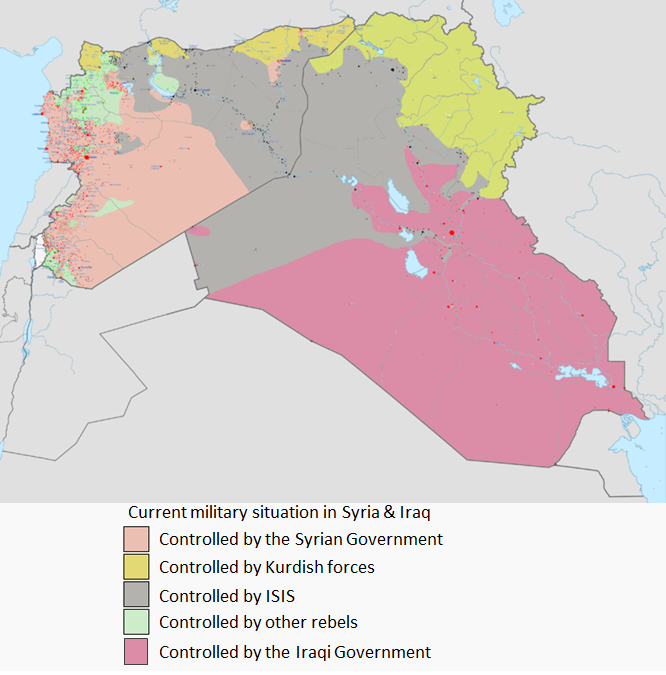 The current military situation in Syria and Iraq between the Syrian government, Iraqi Government, ISIS, Kurdish, and other rebel groups