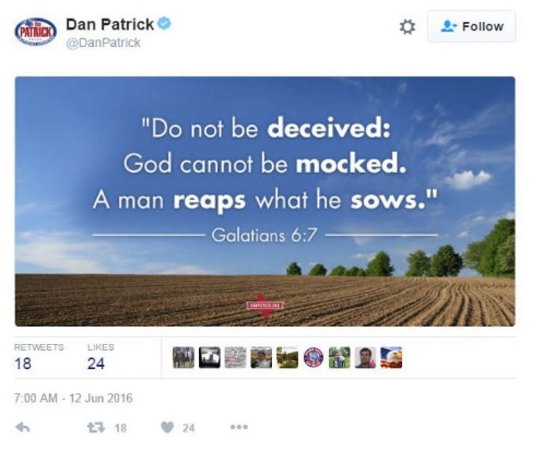 Texas Lt. Gov. Dan Patrick responds terribly to Orlando shooting. 