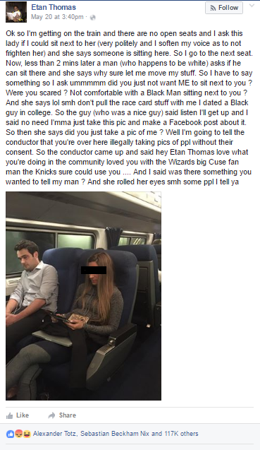 Etan Thomas' Facebook post about racism on the train. 