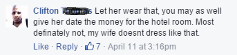 Facebook user suggests that a "revealing" dress means that a woman is only interested in sex. 