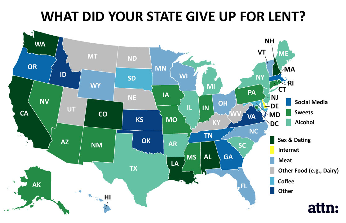 State-by-state map of what people gave up for Lent in 2016