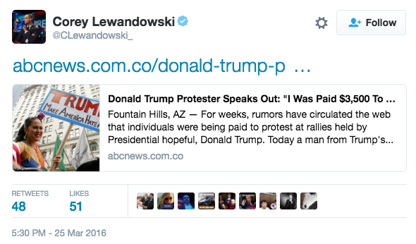 Corey R. Lewandowski tweets fake news