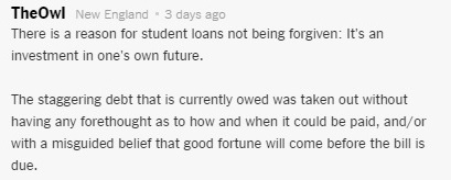 Public comment shaming students for taking on student debt from NYT reader.