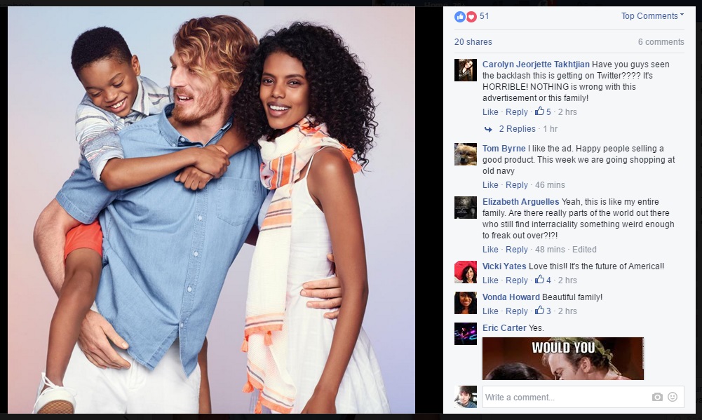 Interracial ad with comments on Old Navy's Facebook page. 