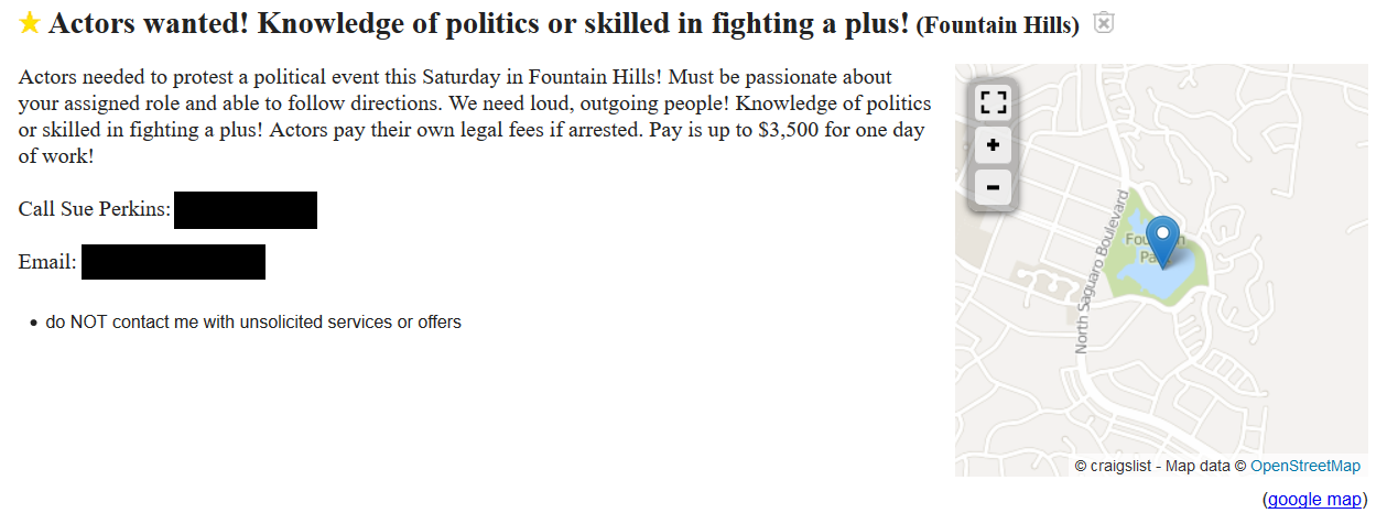 fake craigslist ad for Trump protester 