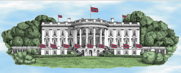 A drawing of Confederate flags on the White House.  A drawing of Confederate flags on the White House.