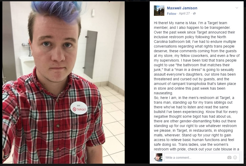 Target employee Maxwell Jamison posts about the new transgender-inclusive bathroom policy on Facebook. 