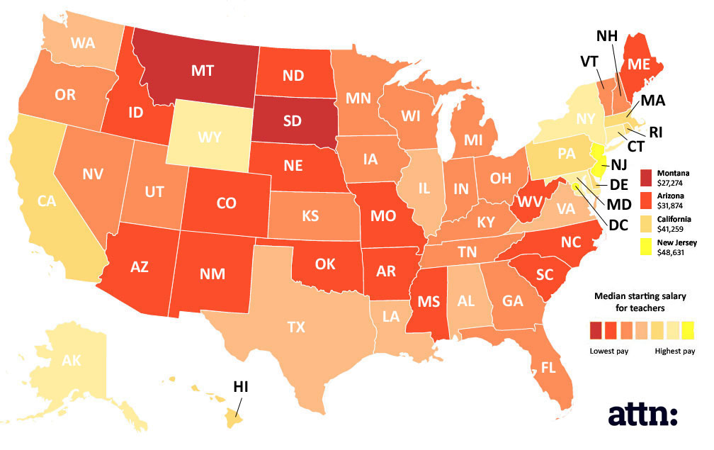 Map of median starting salaries for teachers across the U.S.