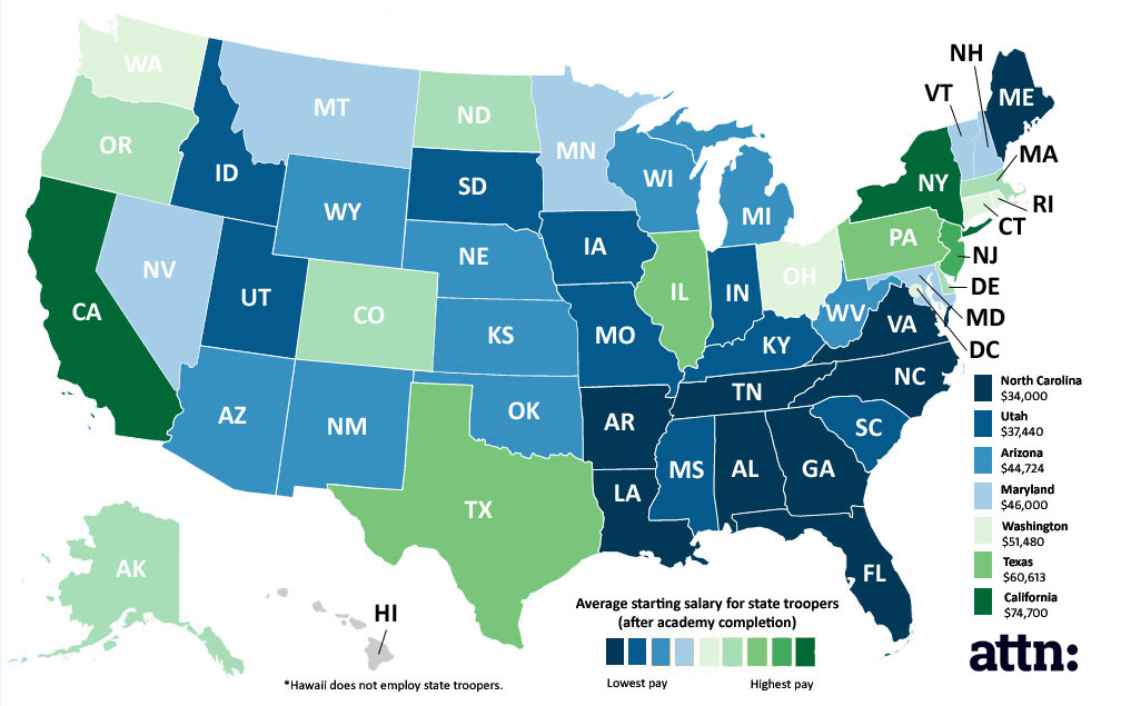 Map of average starting salaries for state troopers across the U.S.
