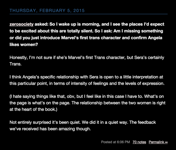 Kieron Gillen's statement about Sera on Tumblr. 