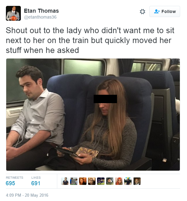 Etan Thomas posts to Twitter about racism on the train. 