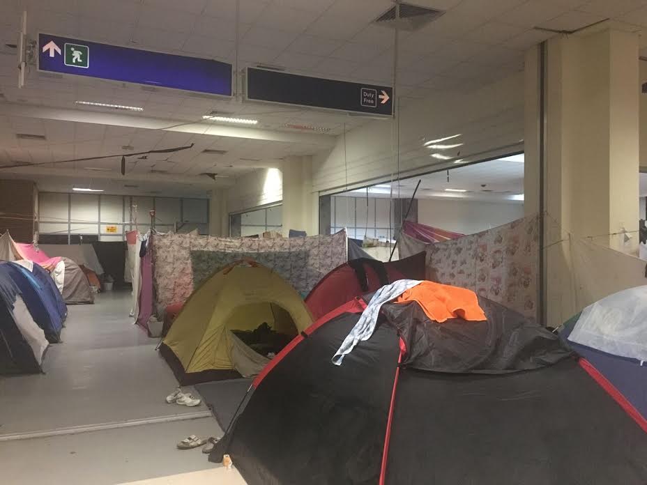 Tents inside Elliniko Airport