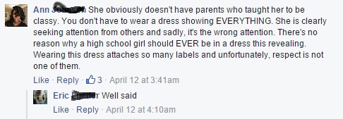 Facebook comment suggest dress is seeking the wrong kind of attention. 
